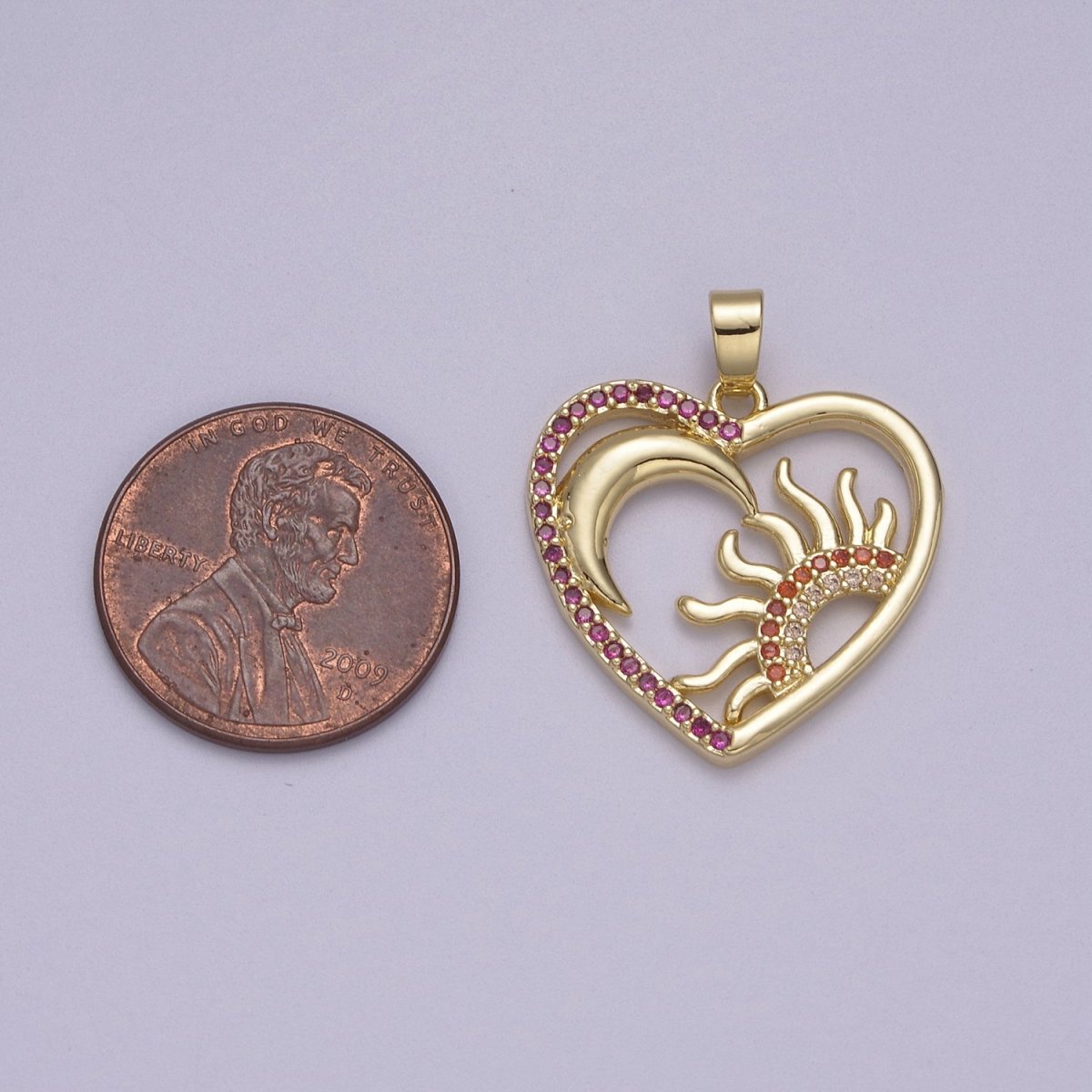 Dainty Heart Pendant with Crescent Moon Sun Ray Celestial Jewelry Charm N-594