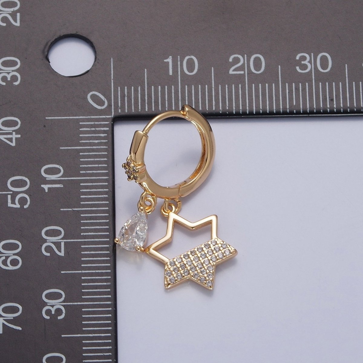 Dainty Huggie Earring with Star Charm and Tear Drop CZ Stone V-433