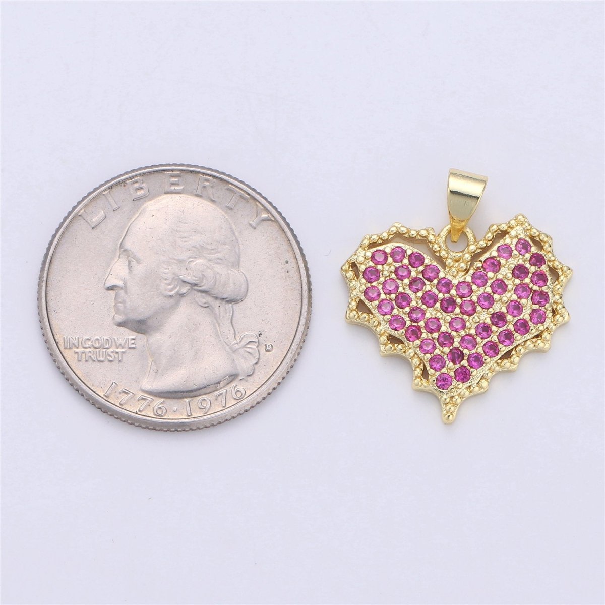 Dainty Magenta Micro Pave Heart Charm, Cubic Heart Shape Charm Gold Love Charm 25mm x 20mm for bracelet necklace earring charm Component I-356