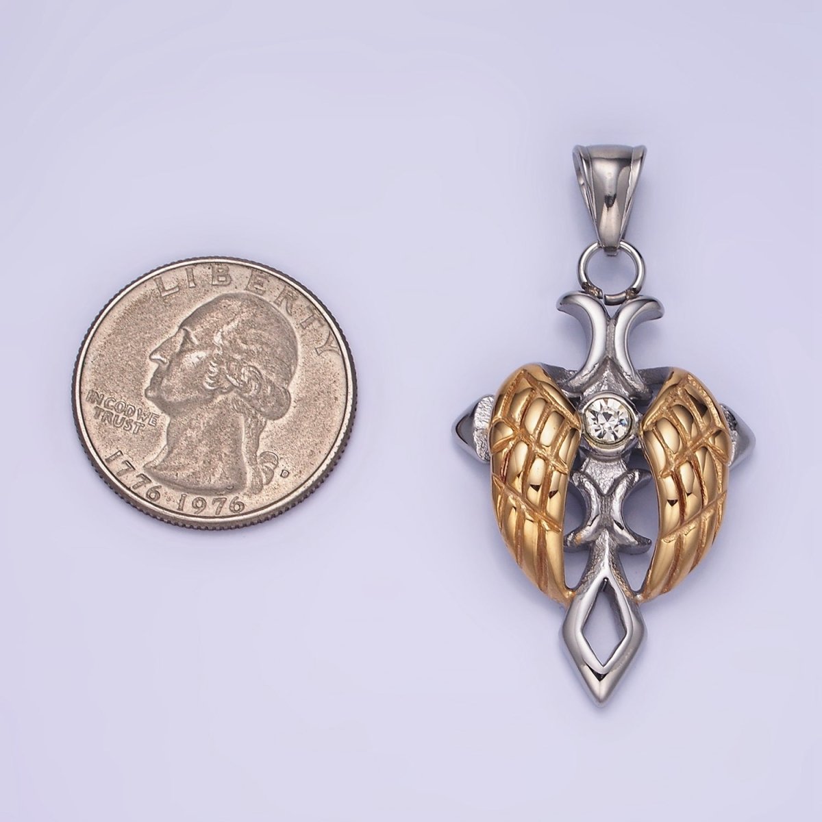 Dainty Mixed Metal Gold Winged Cross Pendant Stainless Steel Angel Wing Charm P1202