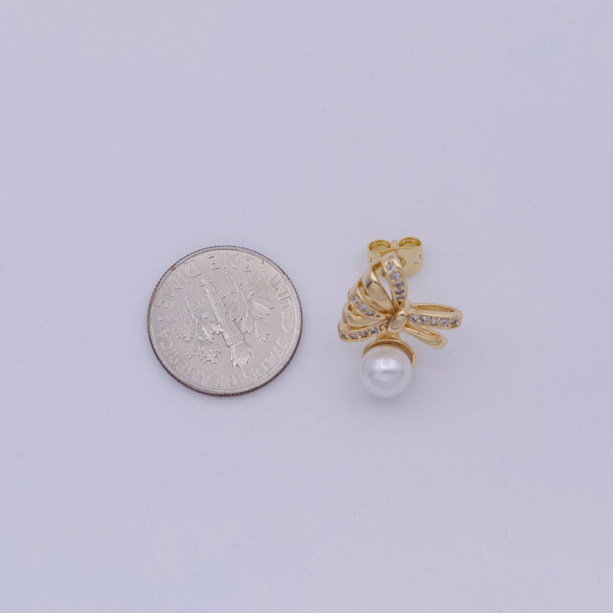 Dainty Pearl Bow Earring Stud with Cubic Zirconia Q-121