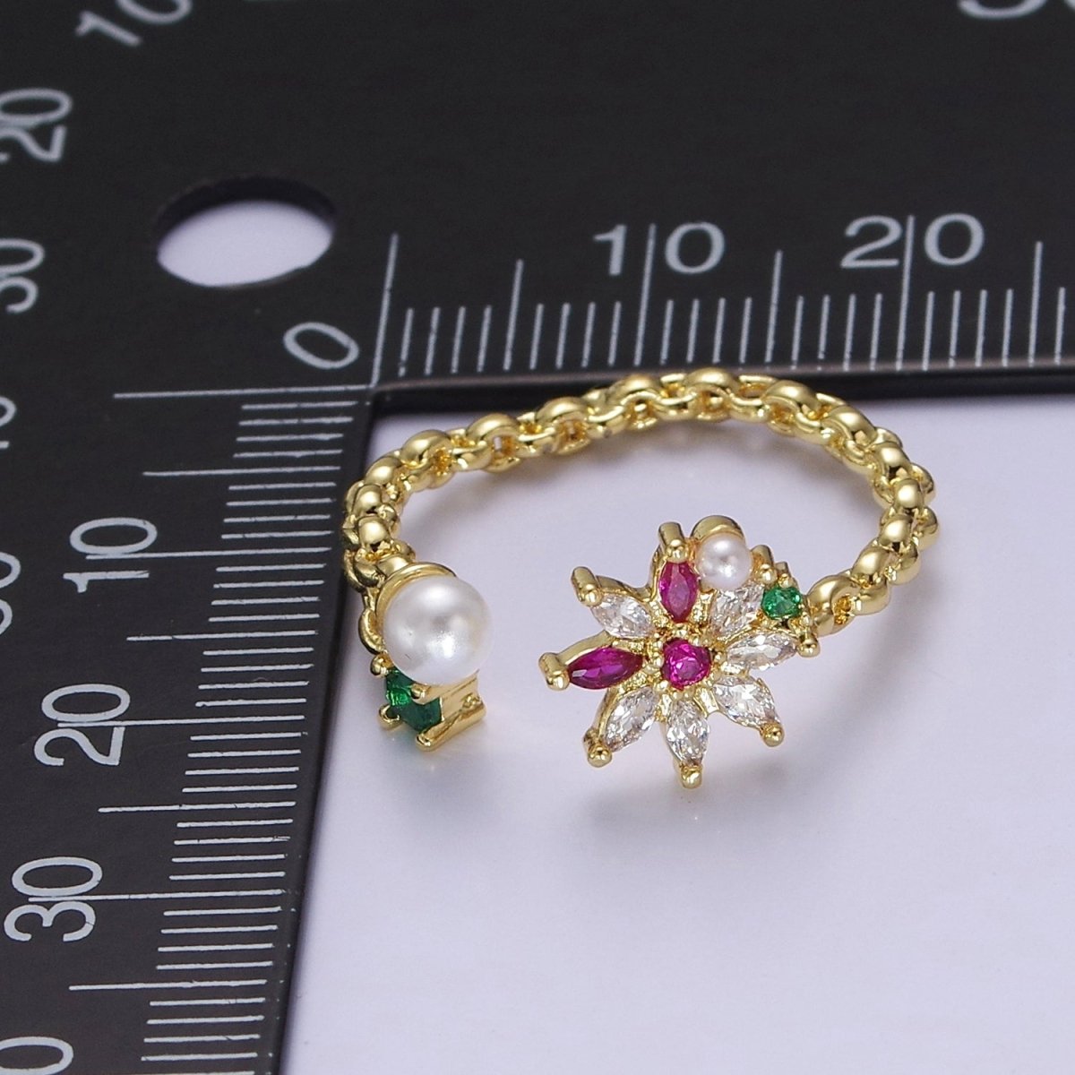 Dainty Pearl Flower Ring with Color Cz Stone O-2104