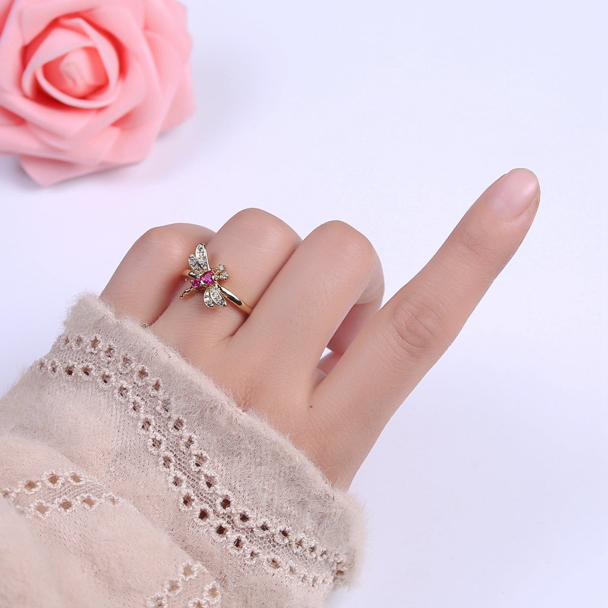 Dainty Pink Fuchsia Micro Pave Dragonfly Adjustable Ring, Minimalist 24K Gold Filled Nature Jewelry U-437
