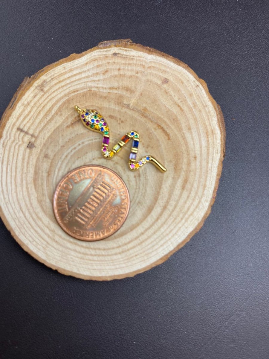 Dainty Rainbow Micro Pave Snake Charm, CZ Cubic Snake Charm Gold Filled Serpent Charm Animal Charm for Necklace, Earring, Bracelet Component D-067