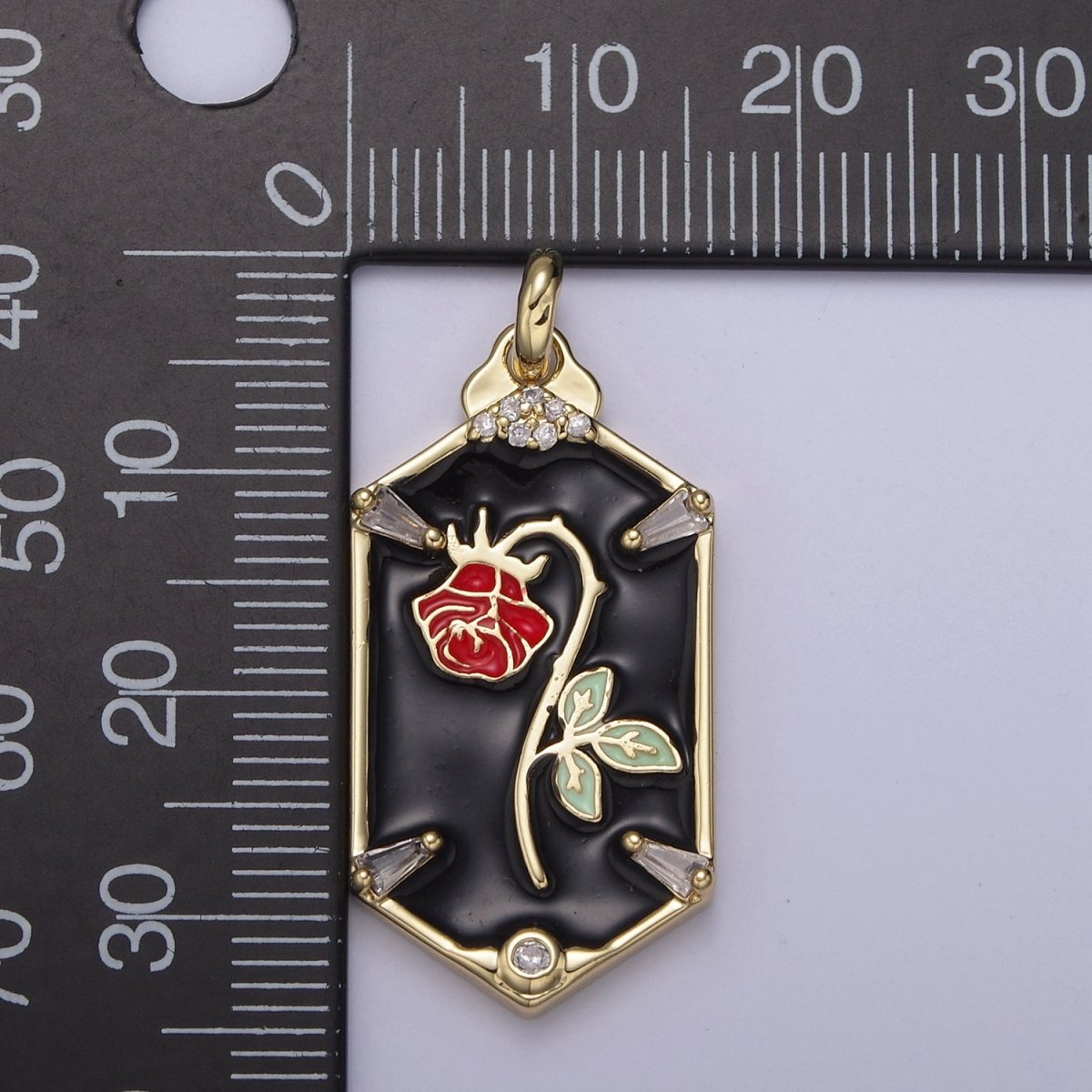 Dainty Red Rose Charm Necklace, 14K Gold Filled Flower necklace Pendant Belle beauty and the beast Jewelry Inspired Hexagon Tag Dangle Charm N-759 N-761