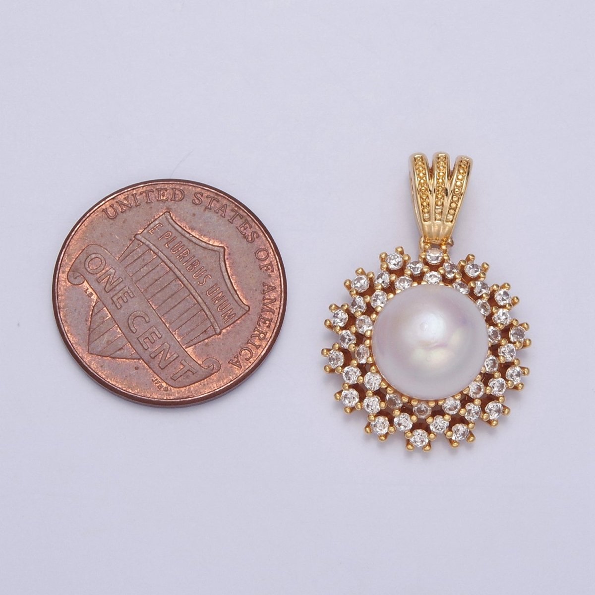 Dainty Round Pave Genuine Shell Pearl Pendant Minimalist Bridal Wedding Jewelry I-029
