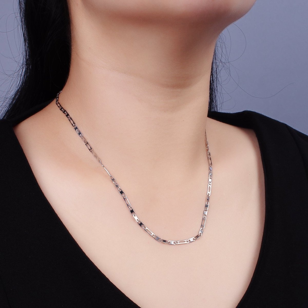Dainty Stainless Steel 2.3mm Flat Anchor Figaro Chain 18 Inch Necklace in Silver | WA-2382