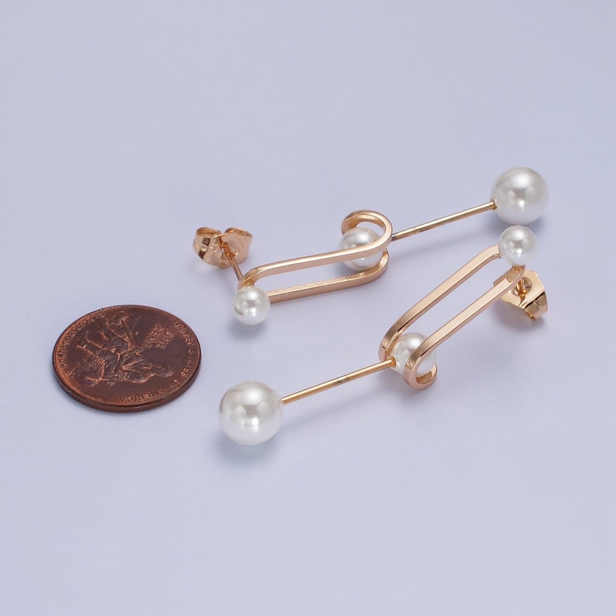 Double Band J-Shaped Geometric Pearl Dangle Earrings | AB285