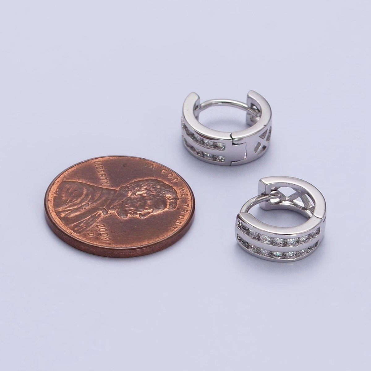 Double Round Clear CZ Bar 10mm Silver Huggie Earrings | AB130