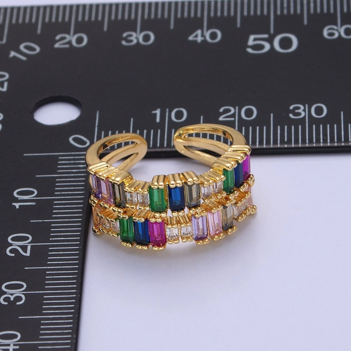 Elegant Double CZ Baguette Colorful Stone Gold Ring | Double Gold Band Ring Open Adjustable O-2130