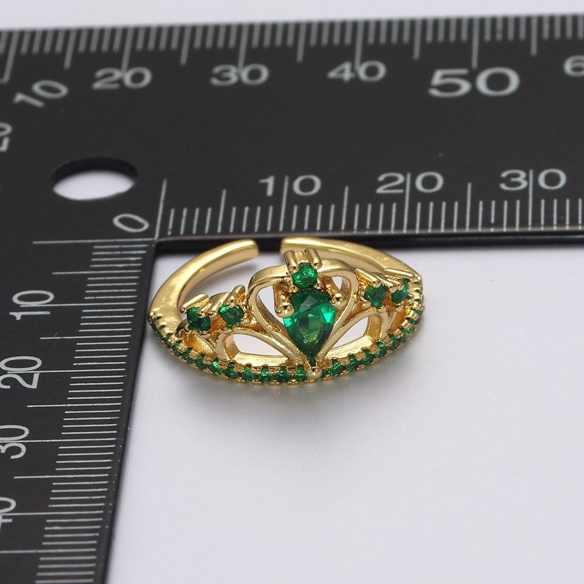 Emerald Green Cz Stone Heart Tiara Ring Open Adjustable Gold Band O-2038