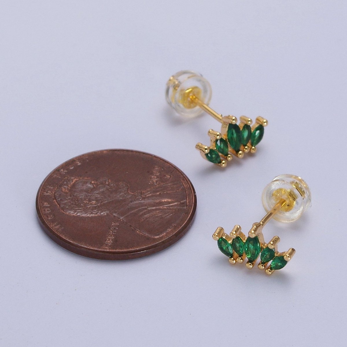 OS Emerald Green Marquise CZ Fan Lined Gold Mini Stud Earrings | AB019