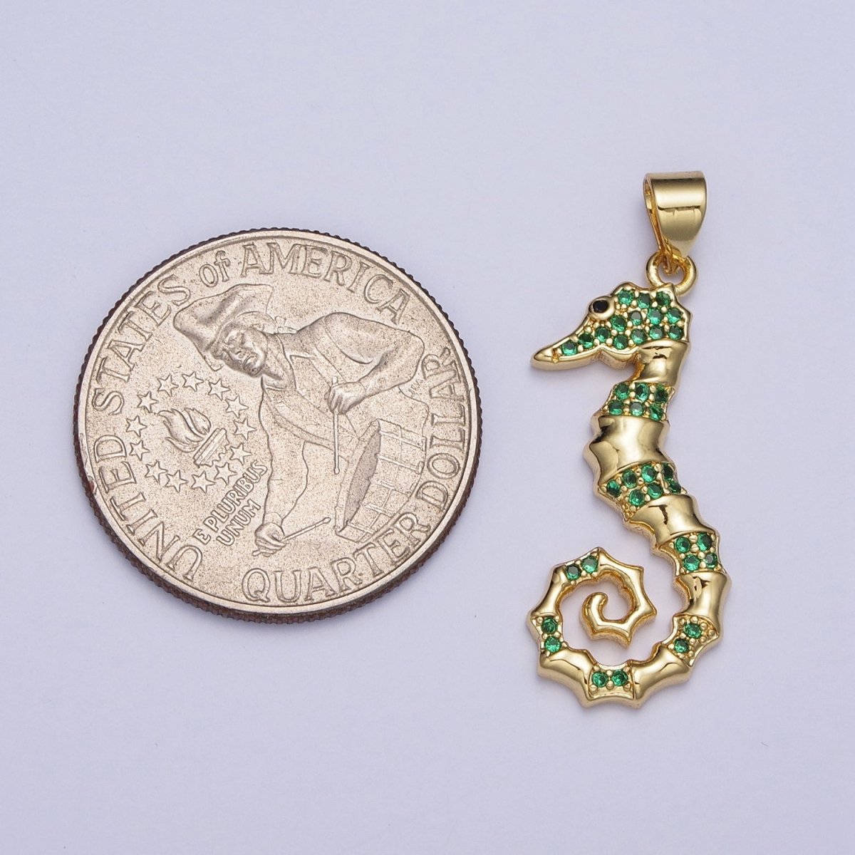 Emerald Green Micro Pave Cubic Zirconia Seahorse Ocean Wildlife Gold Charm For Jewelry Making | X-475