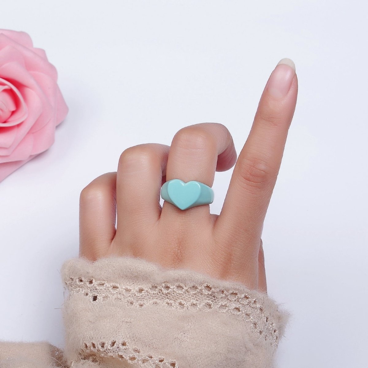 Enamel Baby Blue Heart Signet Y2K Statement Ring Adjustable Ring for Single Lady | O-563