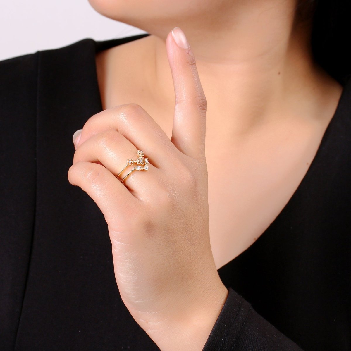 Flower Cubic Mini Charm Ring, Cluster Cubic Pave 18K Rose Gold Ring Solitaire CZ Pendant Double Ring, Dainty ring Charm, R-283