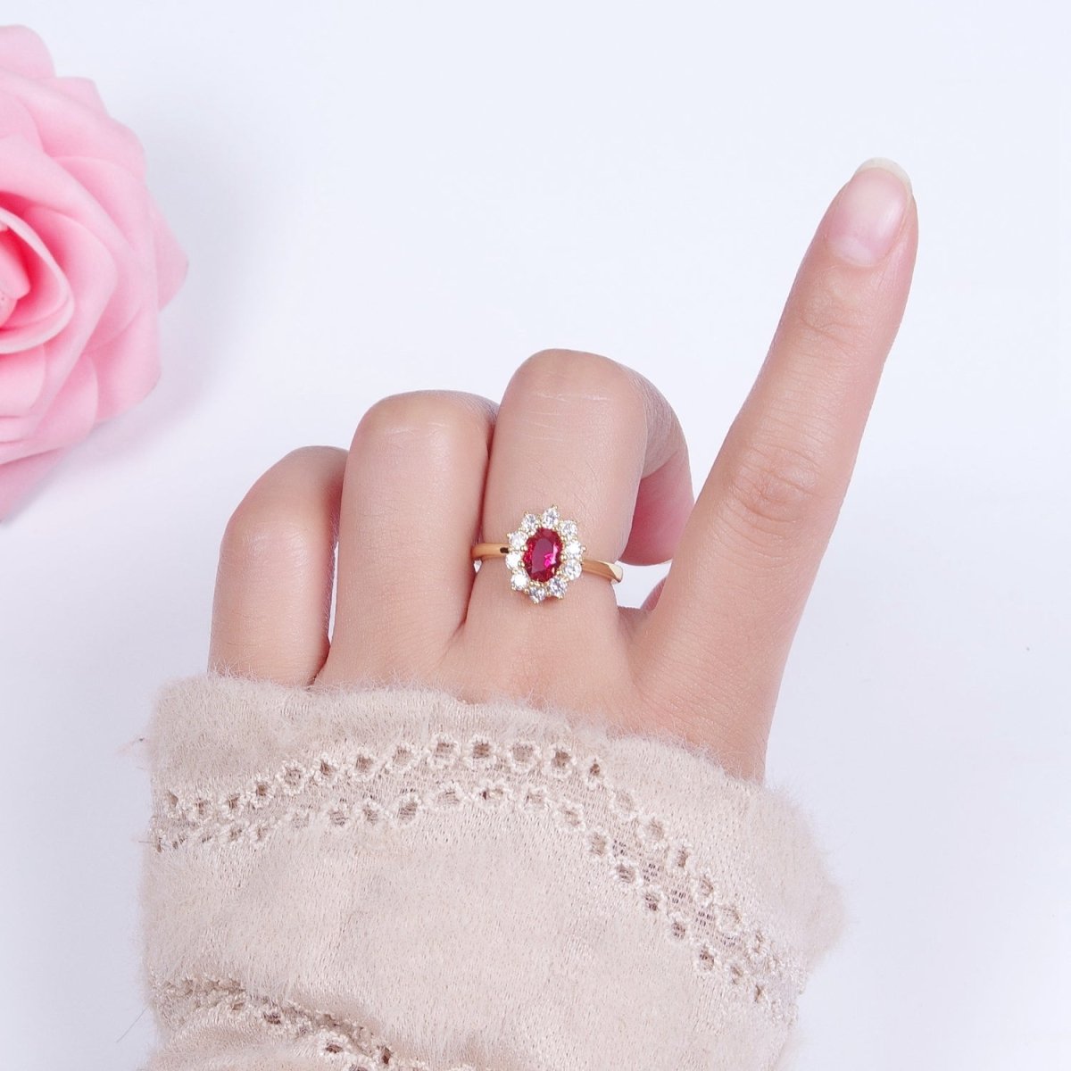 Fuchsia Celestial Sun Flower Cubic Zirconia Adjustable Gold Ring S-134