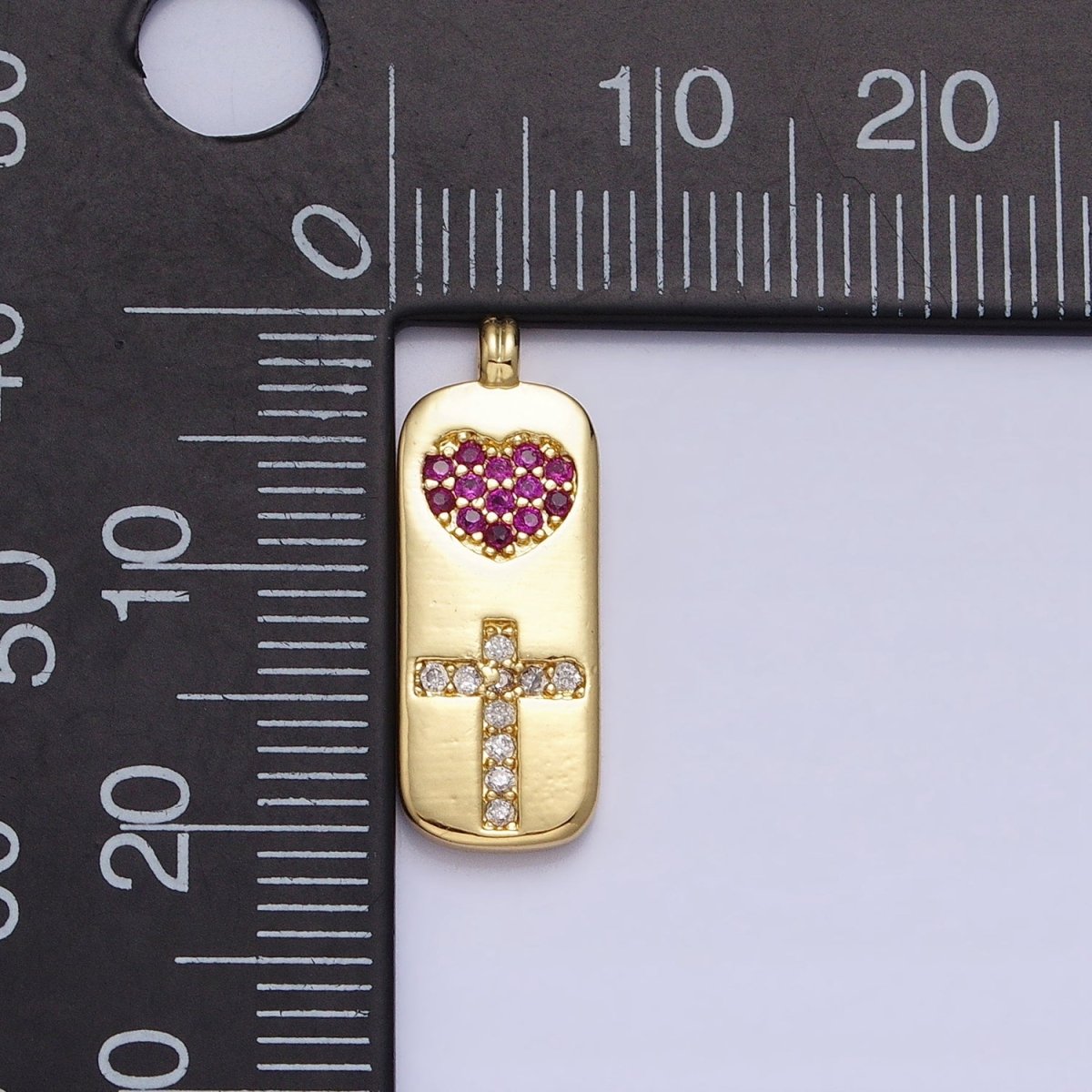 Fuchsia Heart with Clear Cz Cross in gold Tag charm for Dangle Religious Jewelry Supply AA237