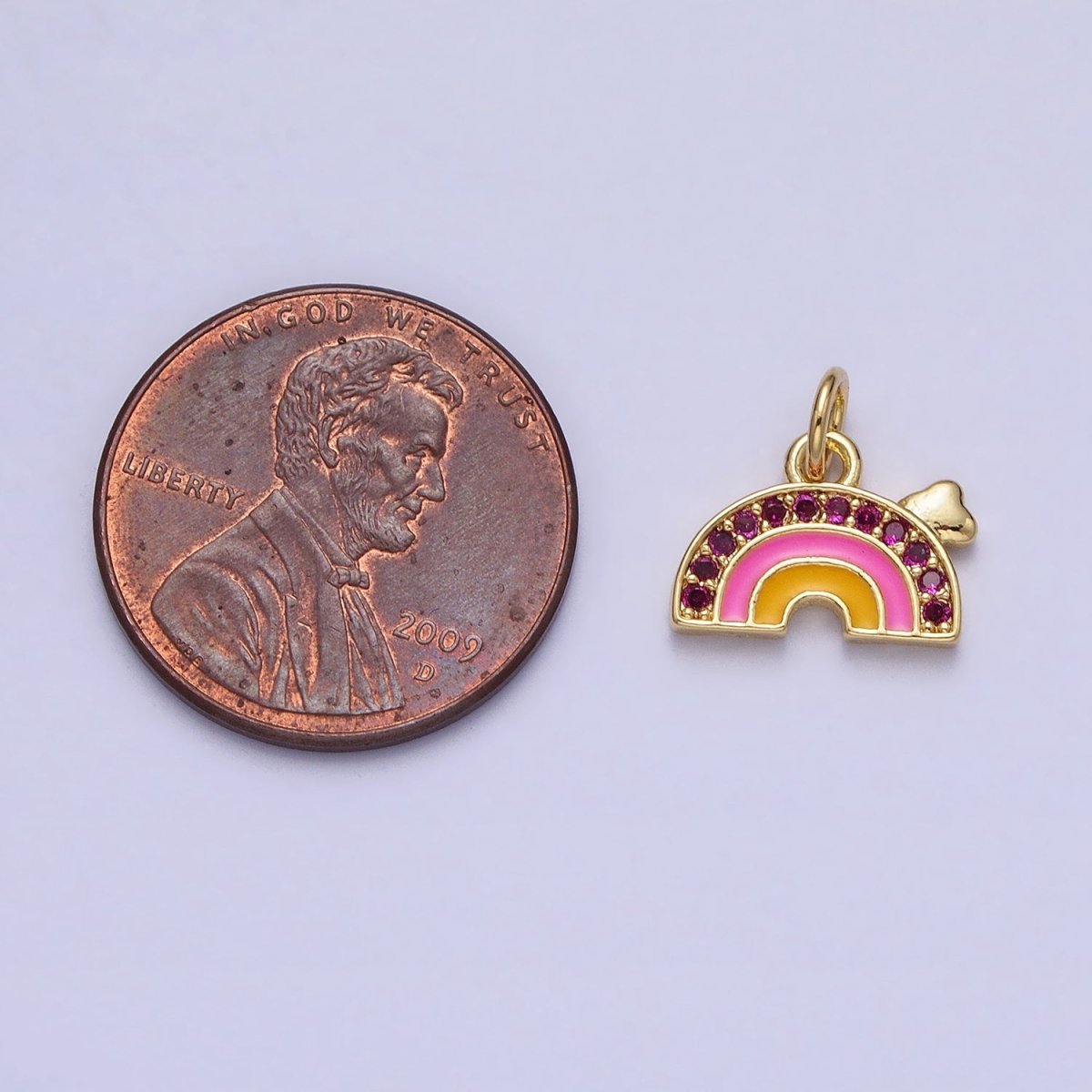 Fuchsia Micro Paved CZ Multicolor Enamel Rainbow Cloud Weather Add-On Gold Charm | AC358