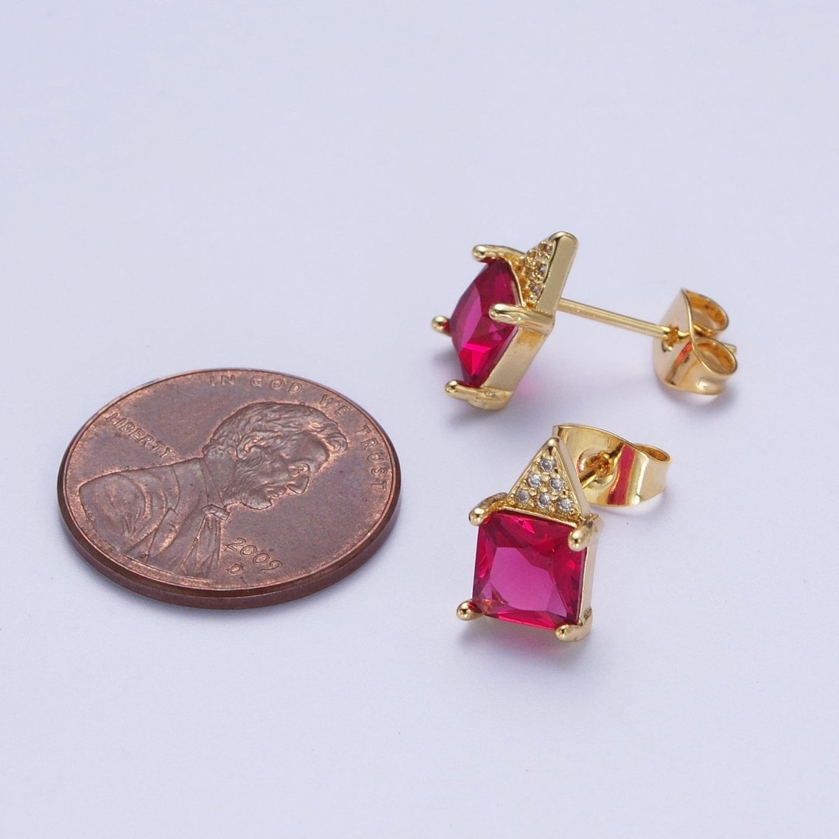 Fuchsia Square Baguette Cubic Zirconia Triangle Micro Paved CZ Stud Geometric Earrings | AD-588