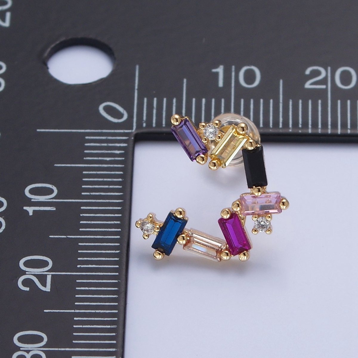 Gold Abstract Circular Zig Zag Multicolor Baguette Stud Earrings | T-476