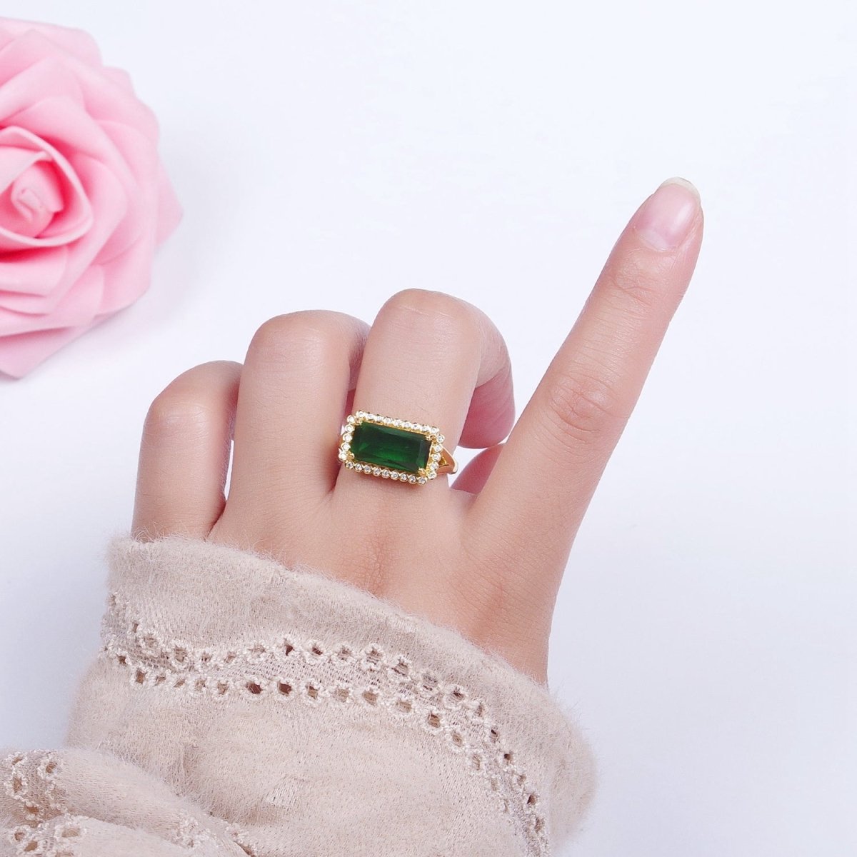 Gold Baguette Emerald Green & Round Clear Cubic Zirconia Adjustable Ring R-008
