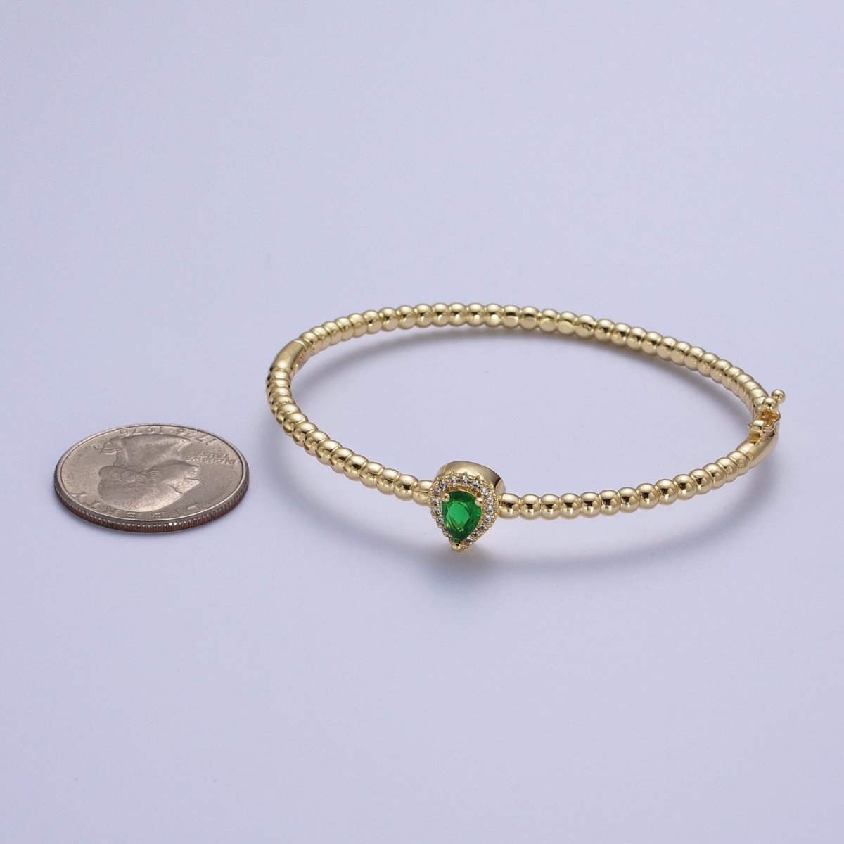 Gold Beaded Clear, Fuchsia, Green Micro Paved Teardrop Cubic Zirconia Bangle Bracelet | WA-1163 WA-1164 WA-1165 Clearance Pricing