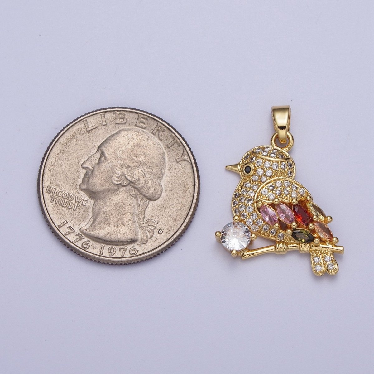 Gold Bird on Tree Branch Round Marquise Cubic Zirconia Animal Nature Jewelry | X-549