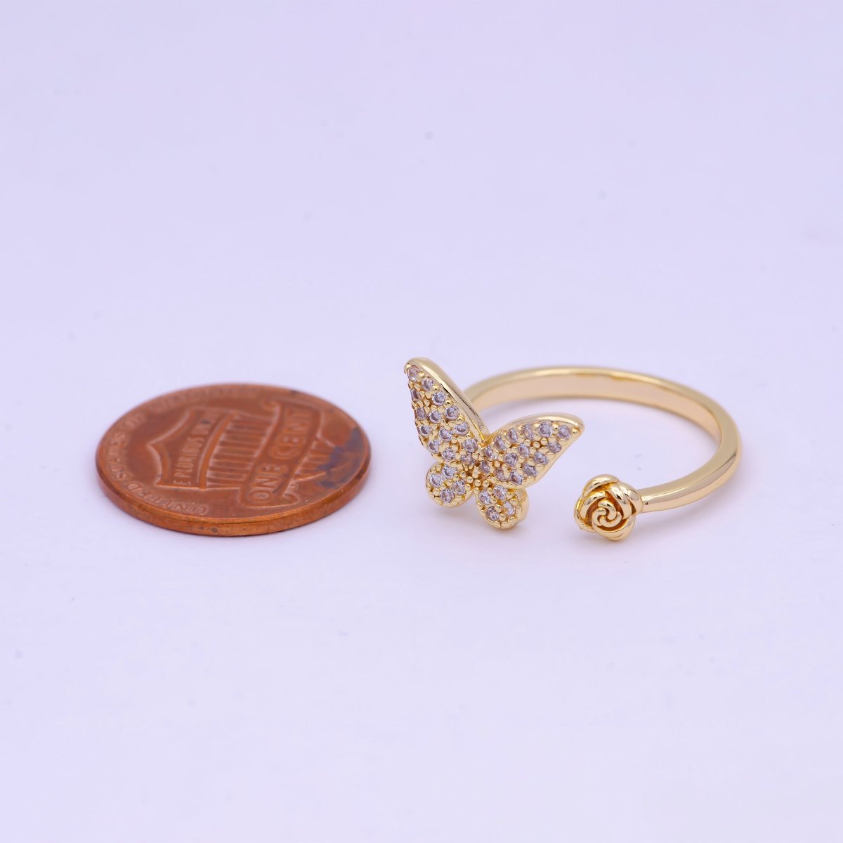 Gold Butterfly Ring with Rose Flower Open Adjustable | U-136