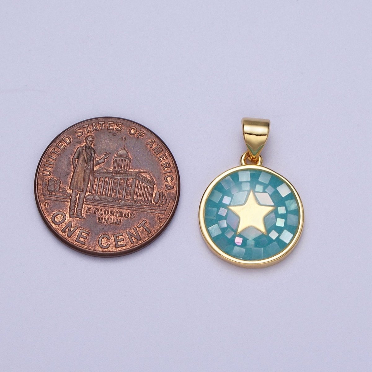 Gold Celestial Star White, Pink, Green, Teal Shell Opal Round Pendant I-584 I-622 I-647 I-719