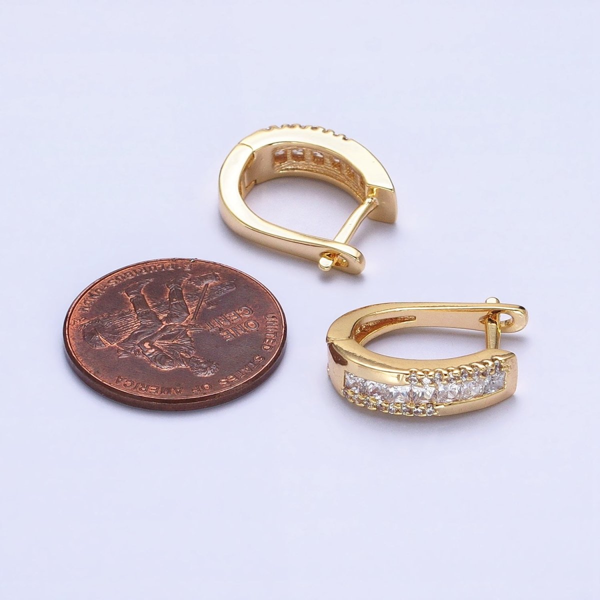 Gold Clear Square Lined Micro Paved CZ English Lock Earrings | AB391