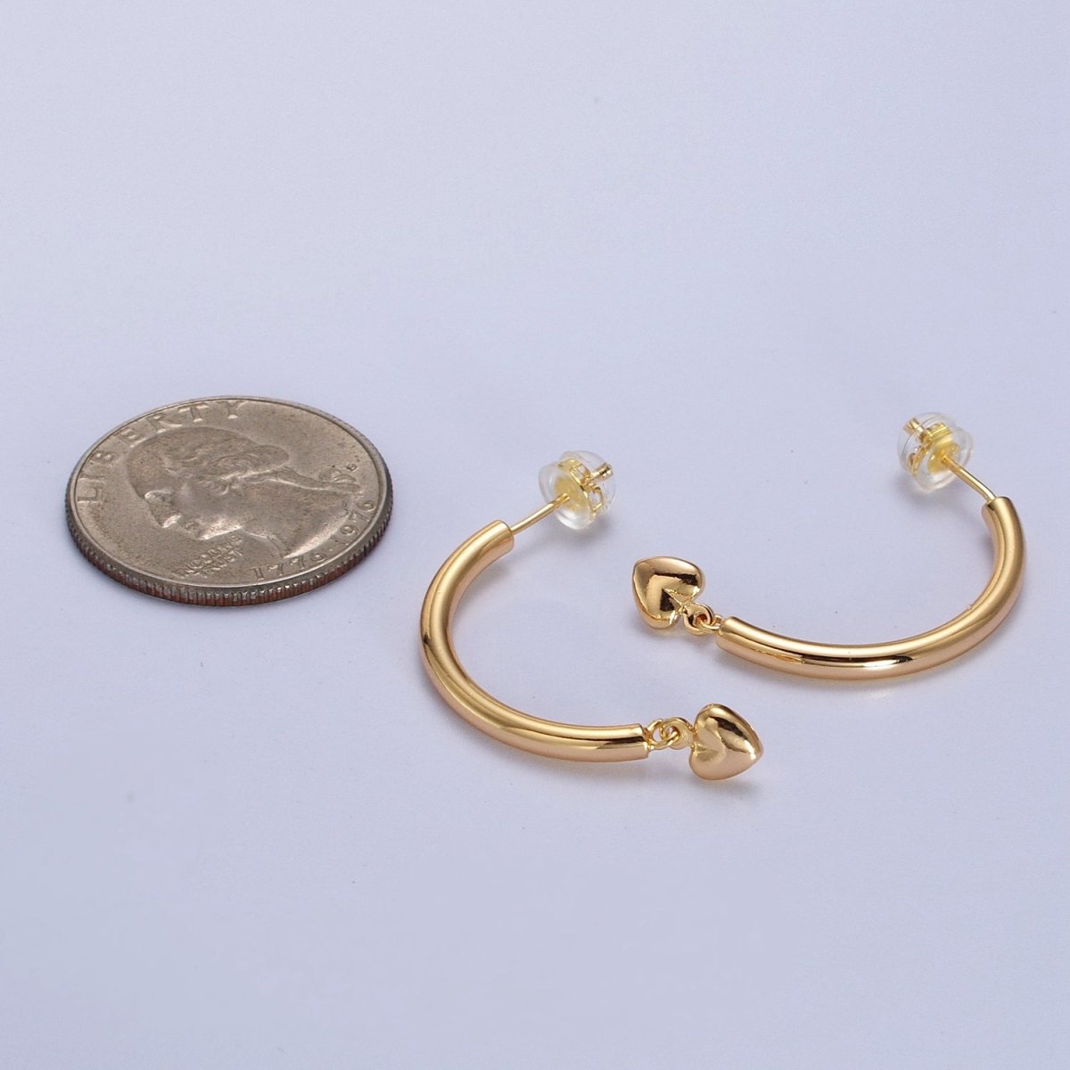 Gold Curved Half Hoop Love Heart Charm Dangle Drop Geometric Earrings | AB020