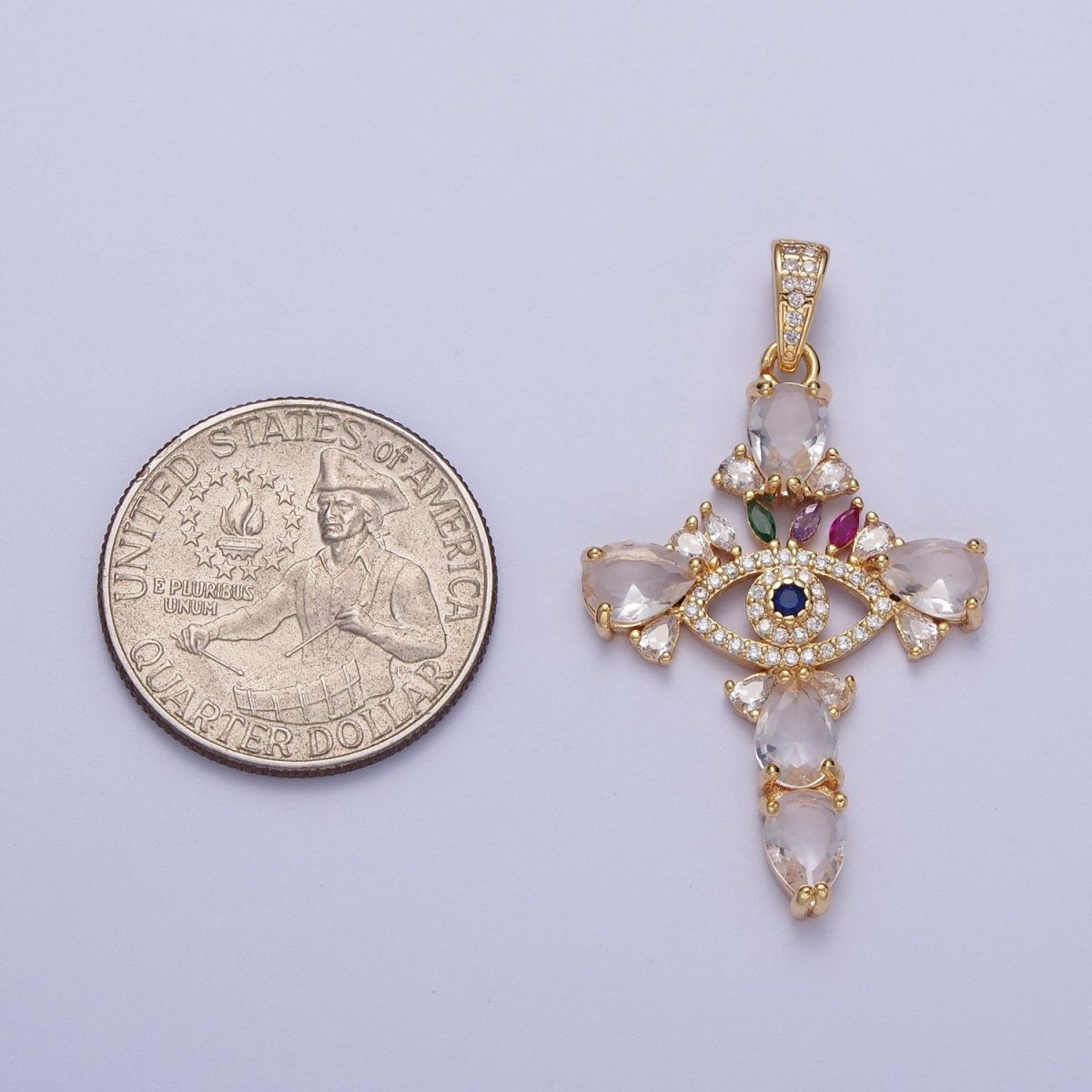 Gold CZ Crystals Evil Eye Cross Pendant, 24K Gold Filled Marquise Diamonds Colorful Micro Paved CZ Religious Cross Charm | X-698