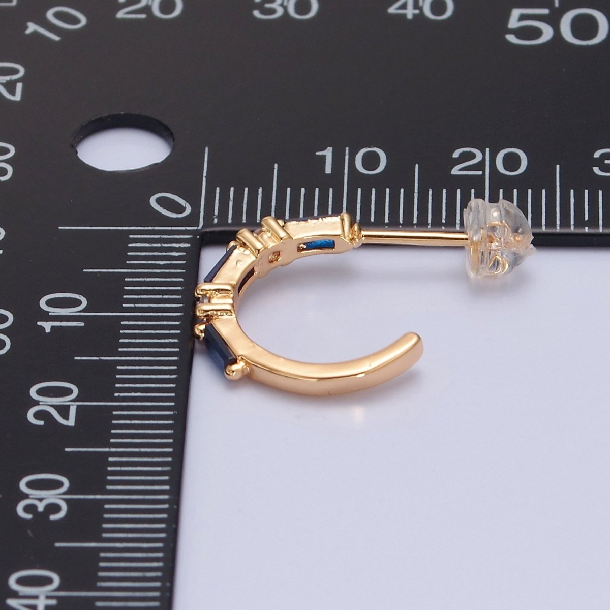 Gold Dainty Blue Cz Baguette Hoop T-382