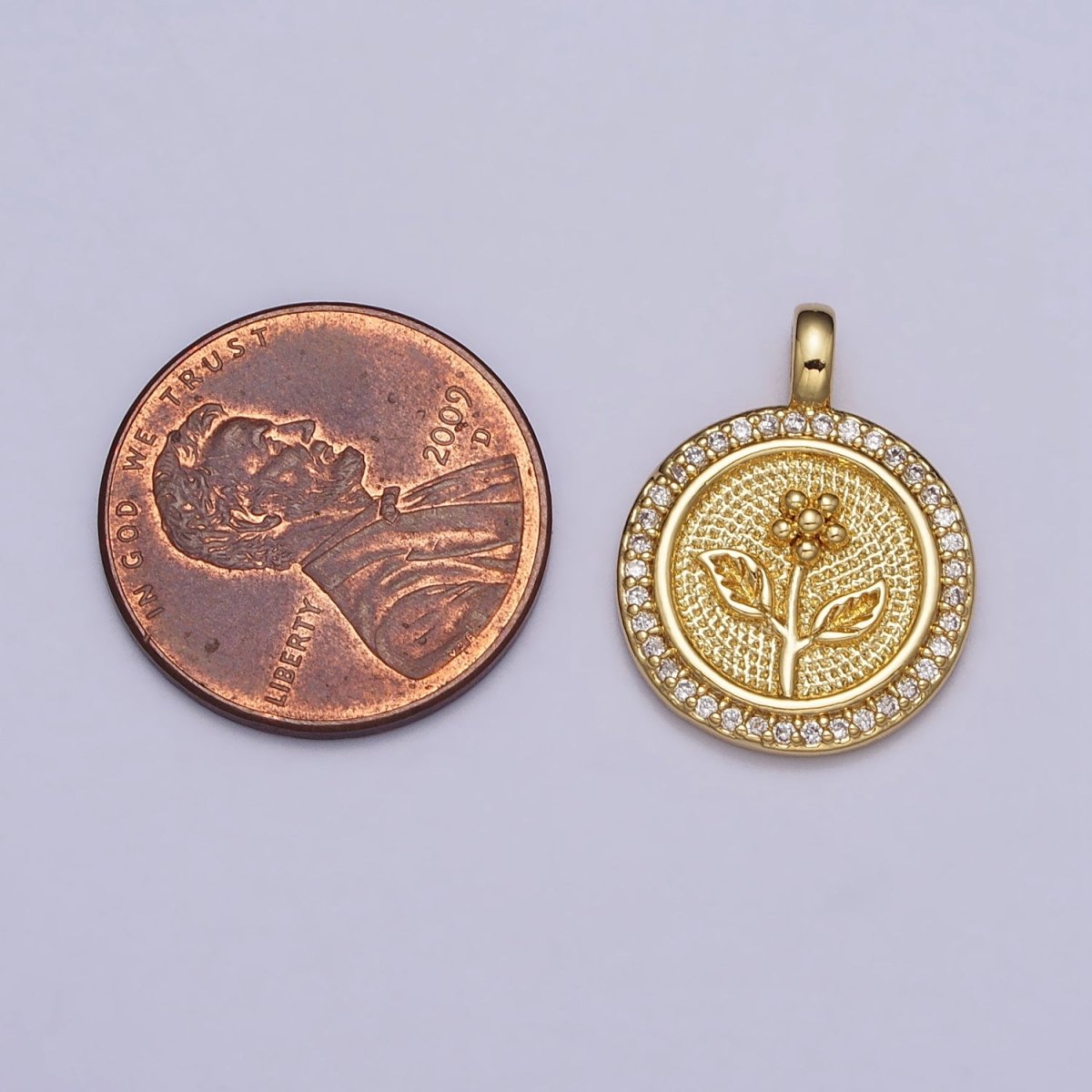 Gold Daisy Flower Textured Clear Micro Paved CZ Round Pendant | AA026