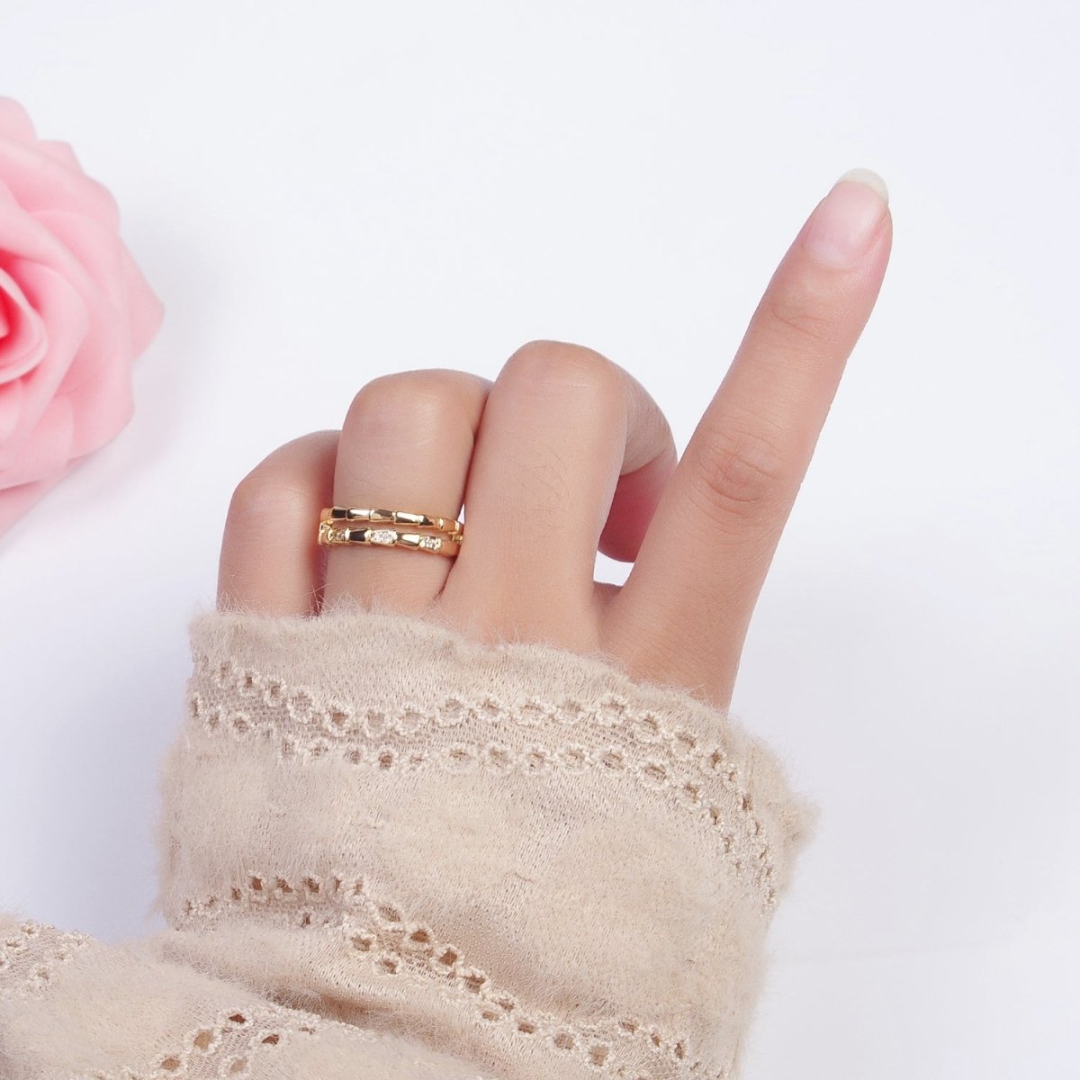 Gold Double Band Micro Paved Cubic Zirconia Geometric Serpent Snake Stacking Ring | S-255