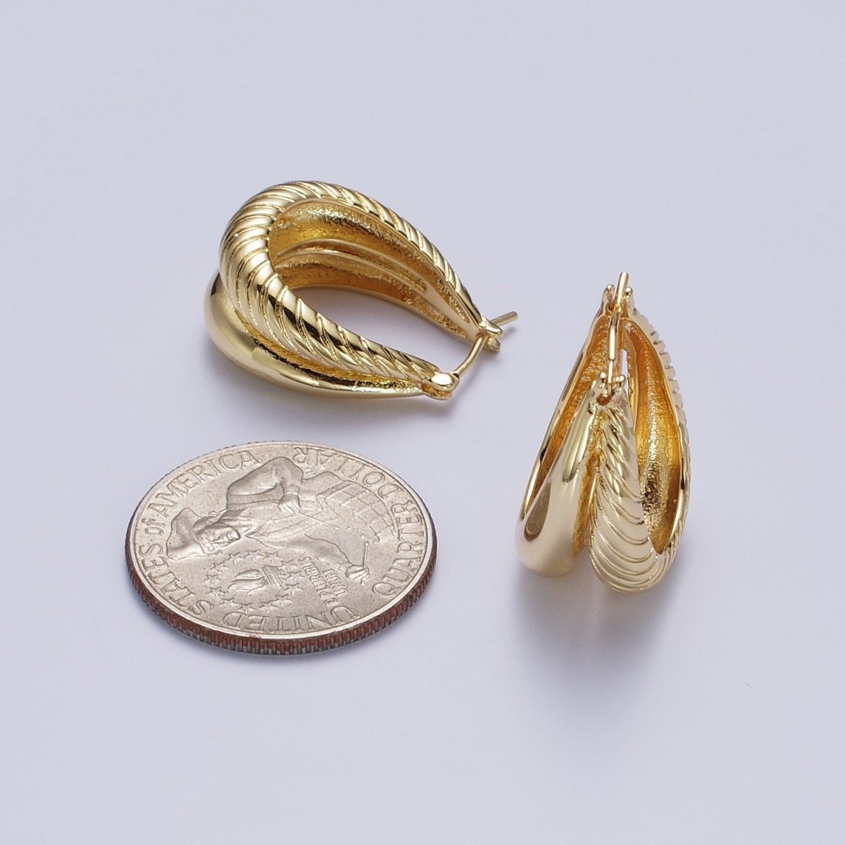 Gold Double Plain & Textured Dome Latch Hoop Earrings | AD-079