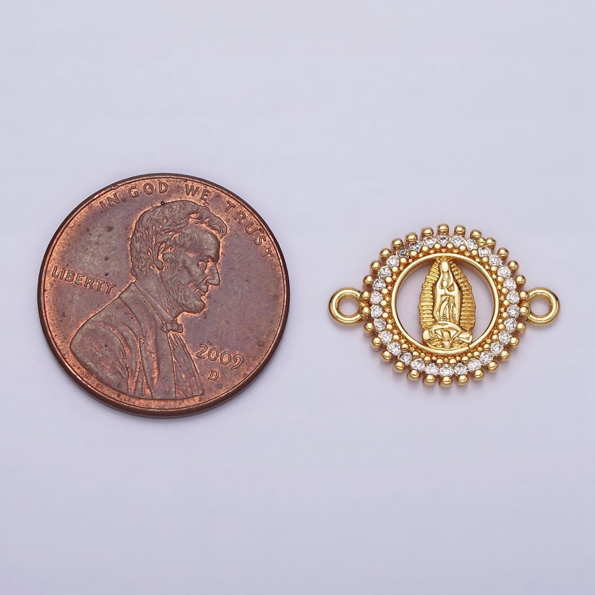 Gold Filled 17.5mm Lady Guadalupe Mary Open CZ Lined Beaded Round Connector G-720