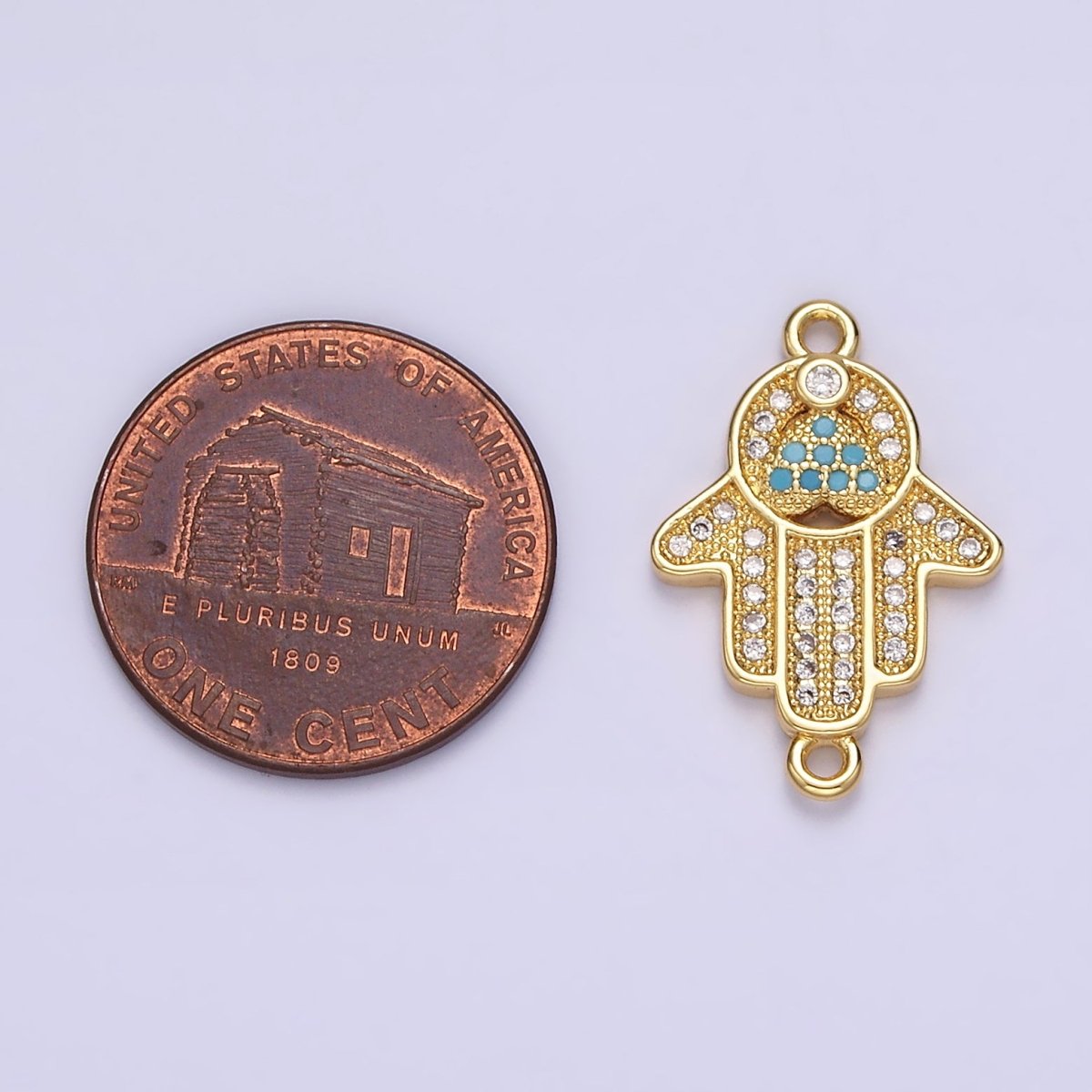Gold Filled 21mm Turquoise Clear Micro Paved CZ Hamsa Hand Connector G-661