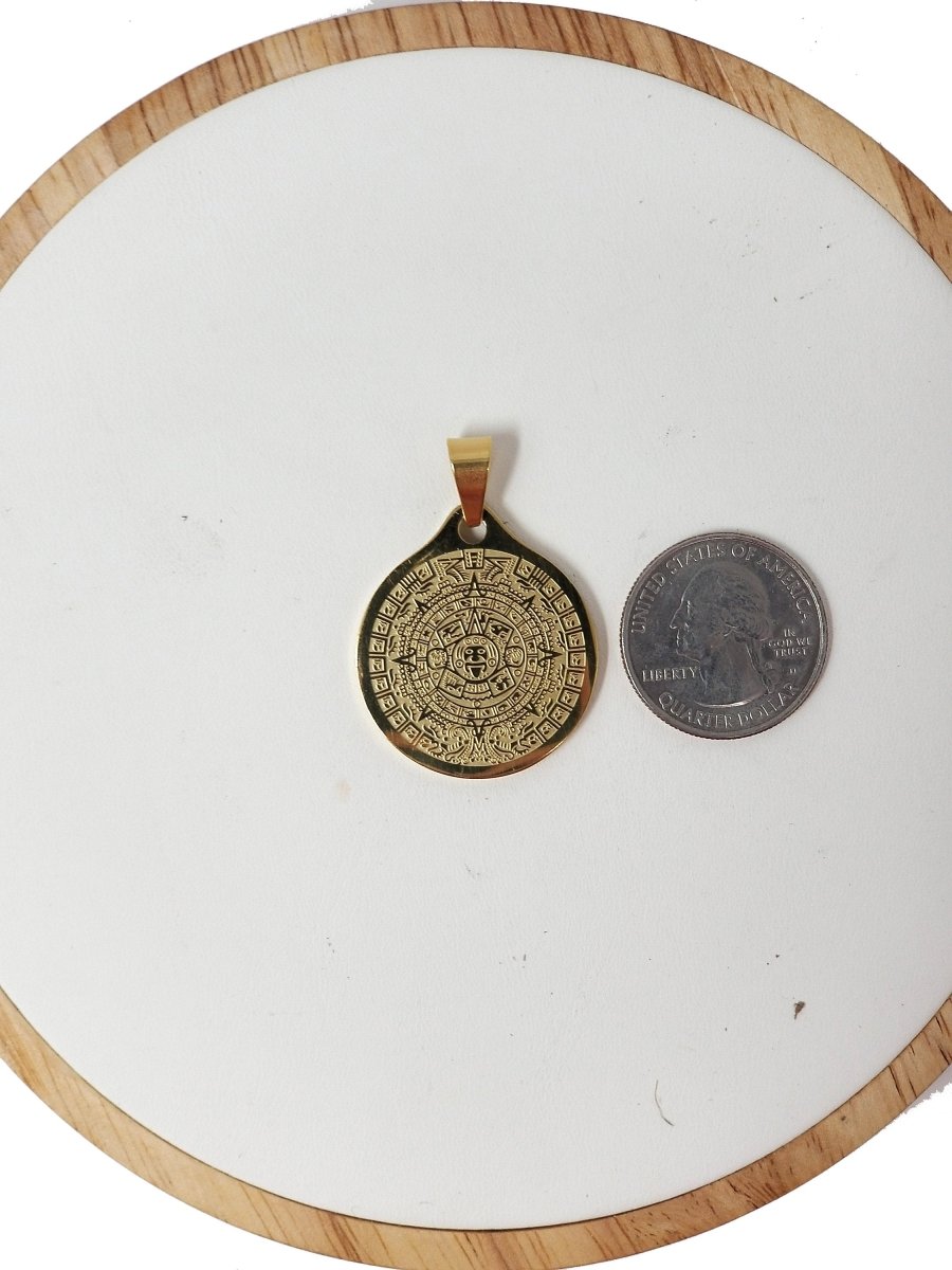 Gold Stainless Steel Aztec Mayan Sun Calendar Medallion Pendant Gold Aztec Coin Pendant Boho Charm for Layer Necklace Jewelry Making J-616
