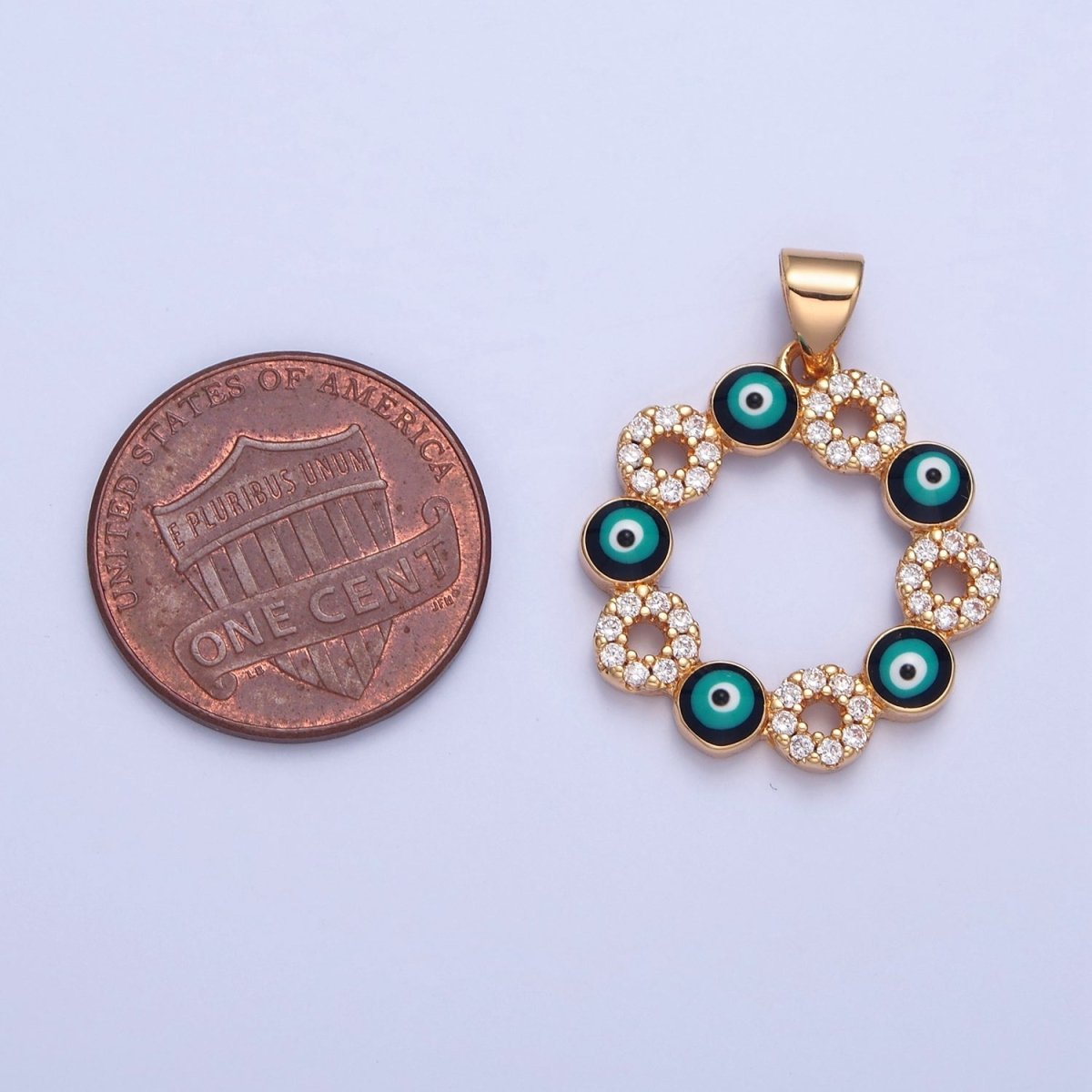 Gold Filled Clear Micro Pave CZ & Evil Eye Enamel Protection Eye of Ra Flower Pendant H-068