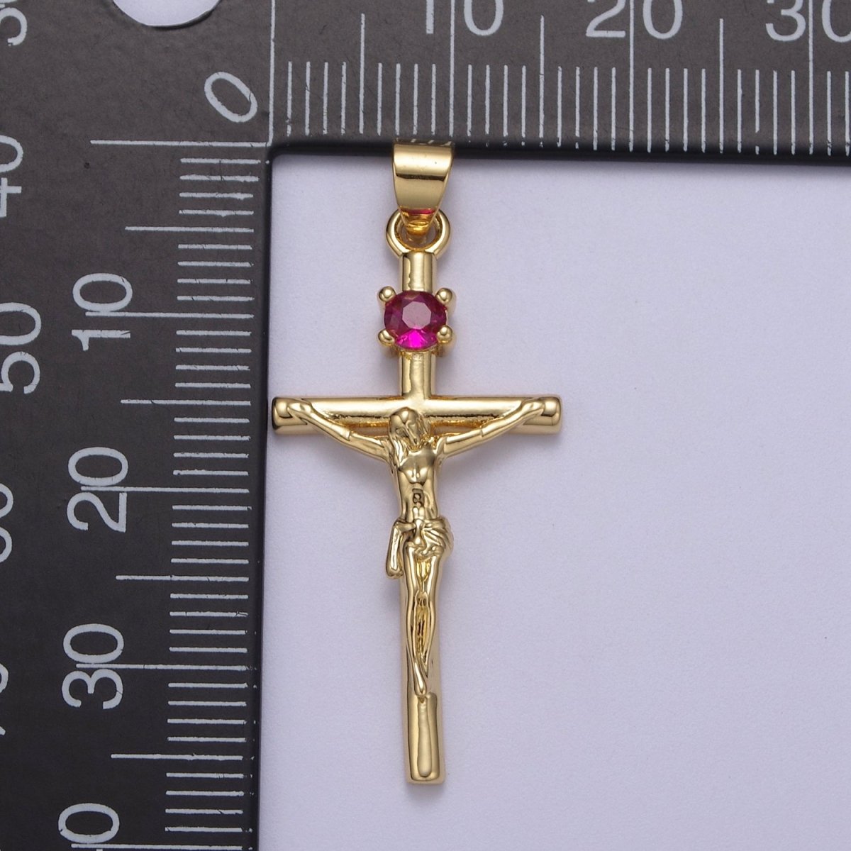 Gold Filled Crucifix Cross - Cross with Pink Crystal center - Simple 24K Gold Fill Cross For Necklace Bracelet Jewelry Making H-602