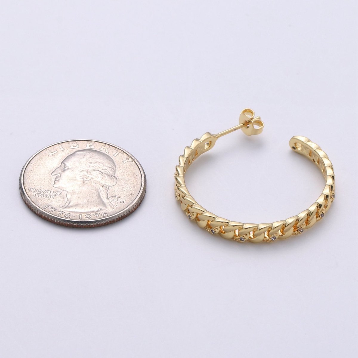 Gold Filled Curb Chain Link 30mm C Shaped Hoop Stud Earrings in Gold & Silver Q-191 Q-192