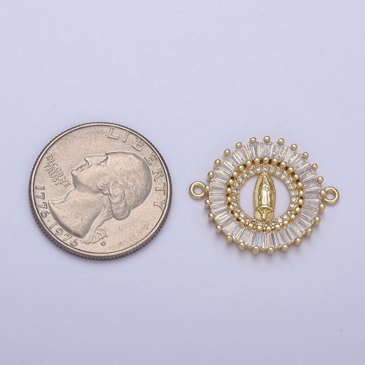 Gold Filled CZ Virgin Mary On Round Coin Shape Connector, 14K Gold Filled Lady of Guadalupe Baguette Link Connector F-173