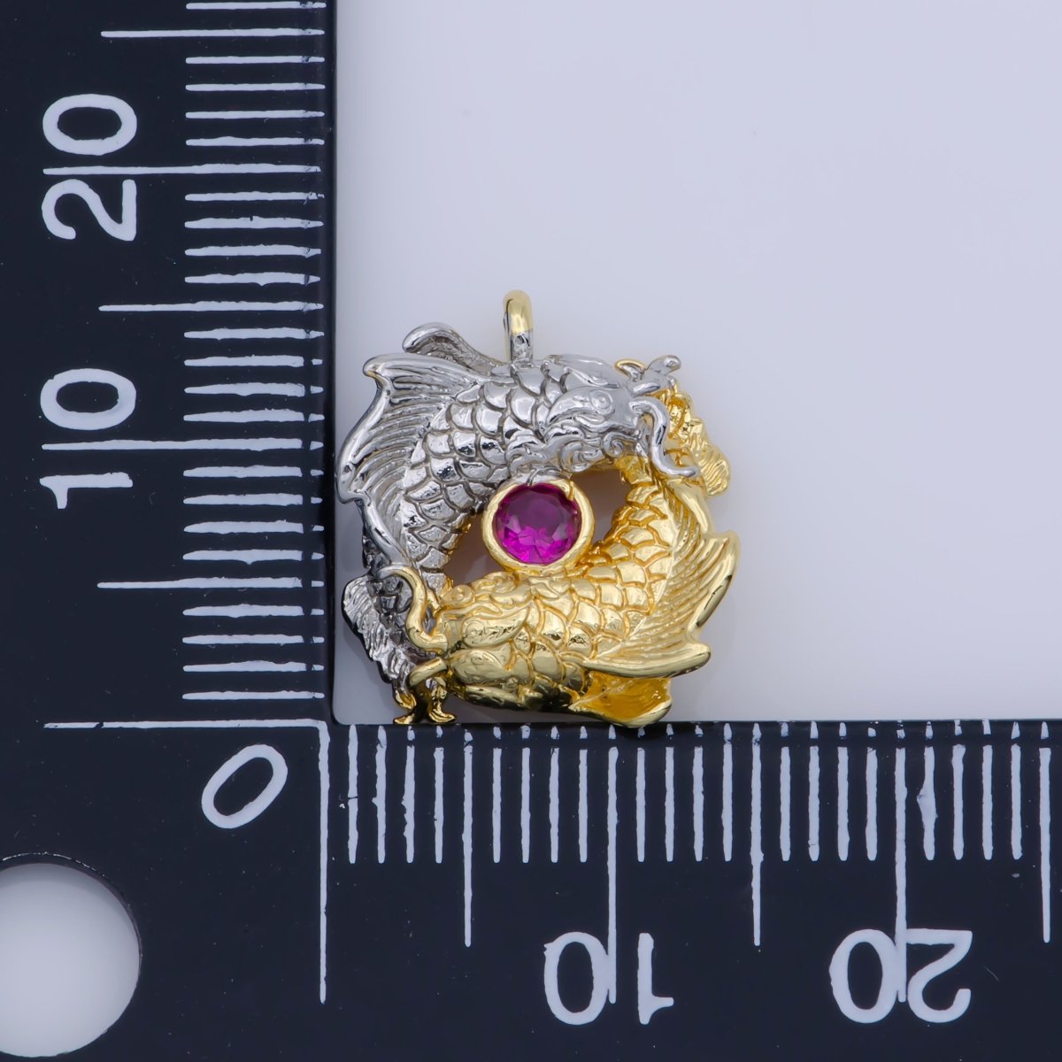 Gold Filled Fuchsia CZ Mixed Metal Scaled Fish Yin Yang Symbol Charm | M-391