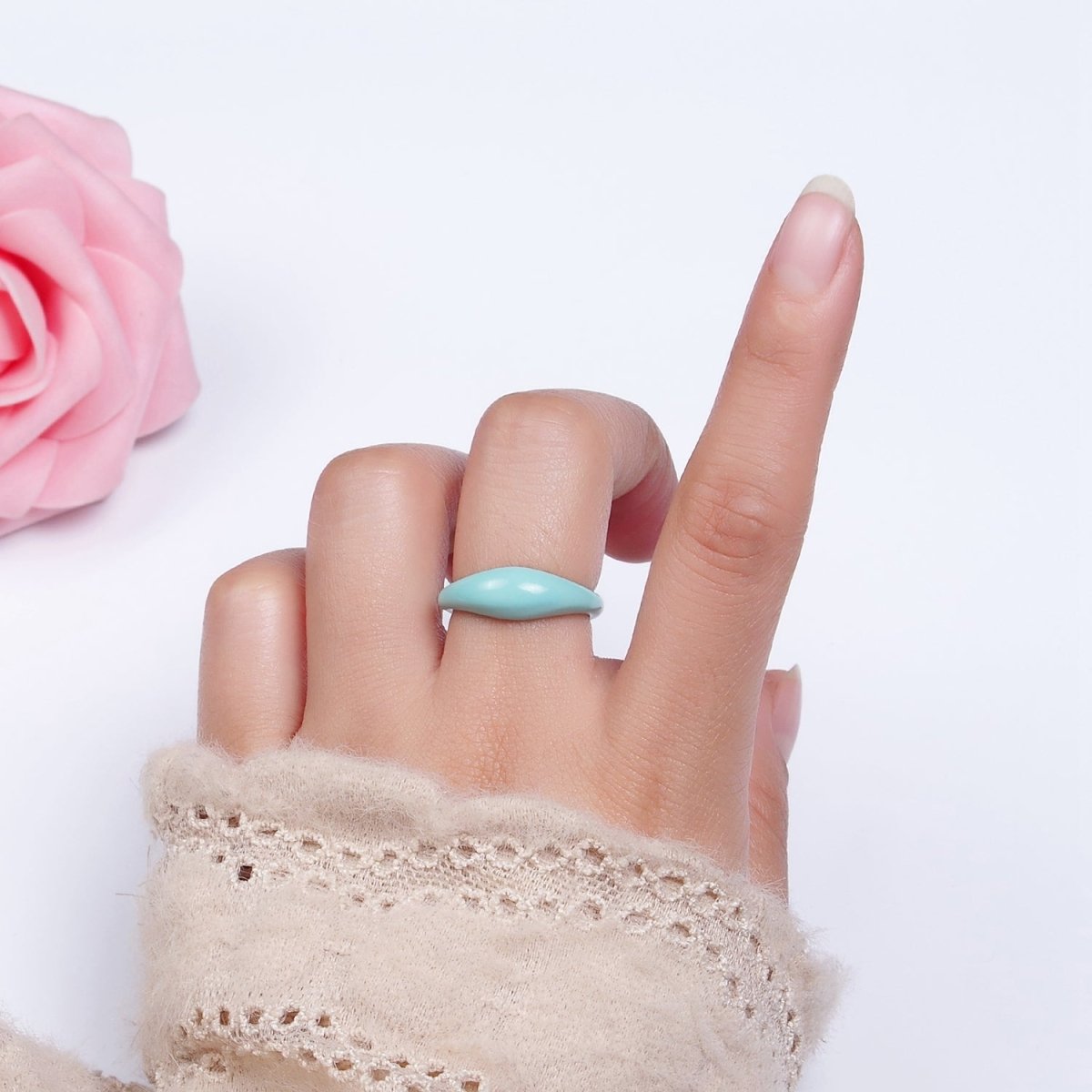 Gold Filled Neon Baby Blue Enamel Y2K Drop Signet Ring | O-564