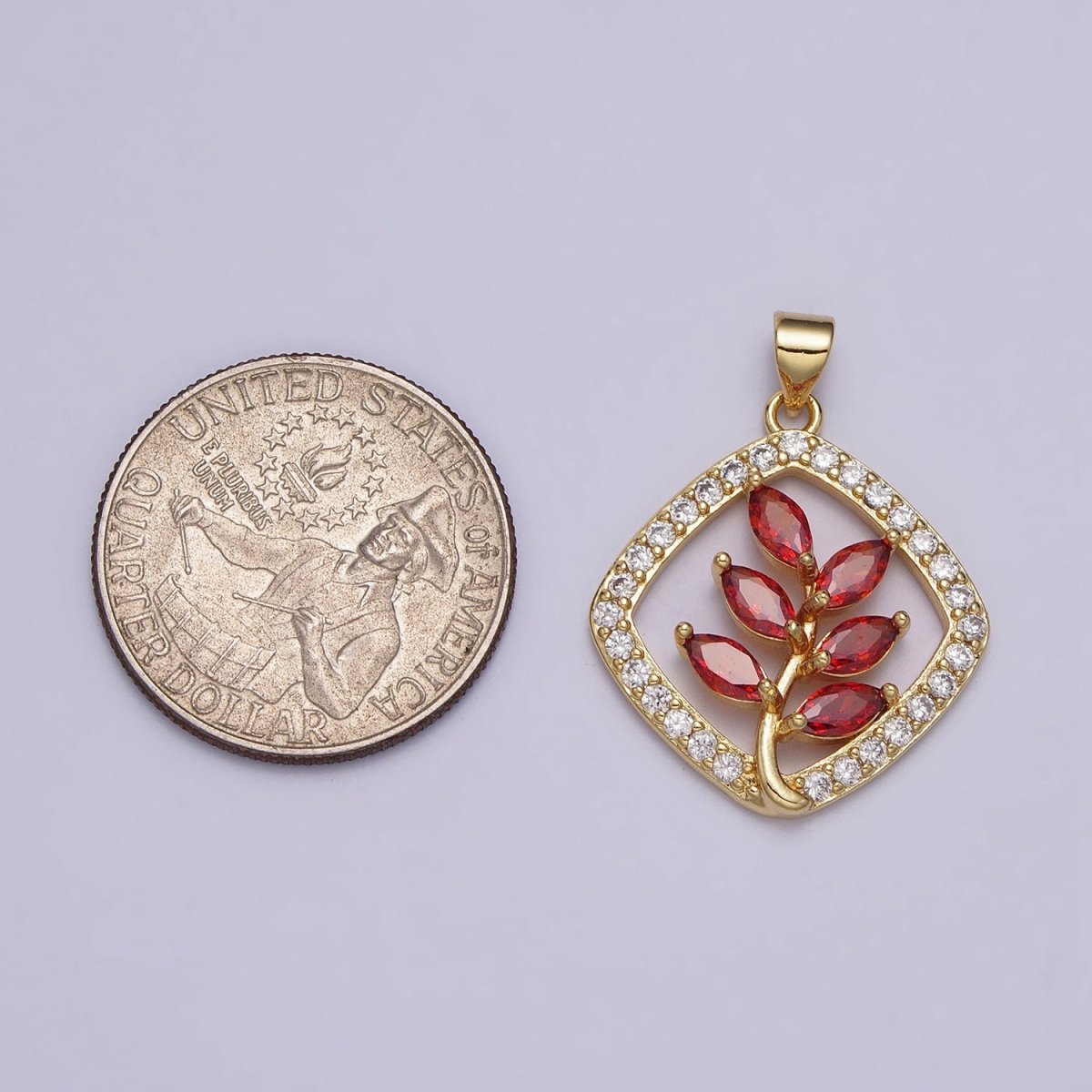 Gold Flower Leaves Plant Red Marquise Open Micro Paved CZ Rhombus Pendant | AA398