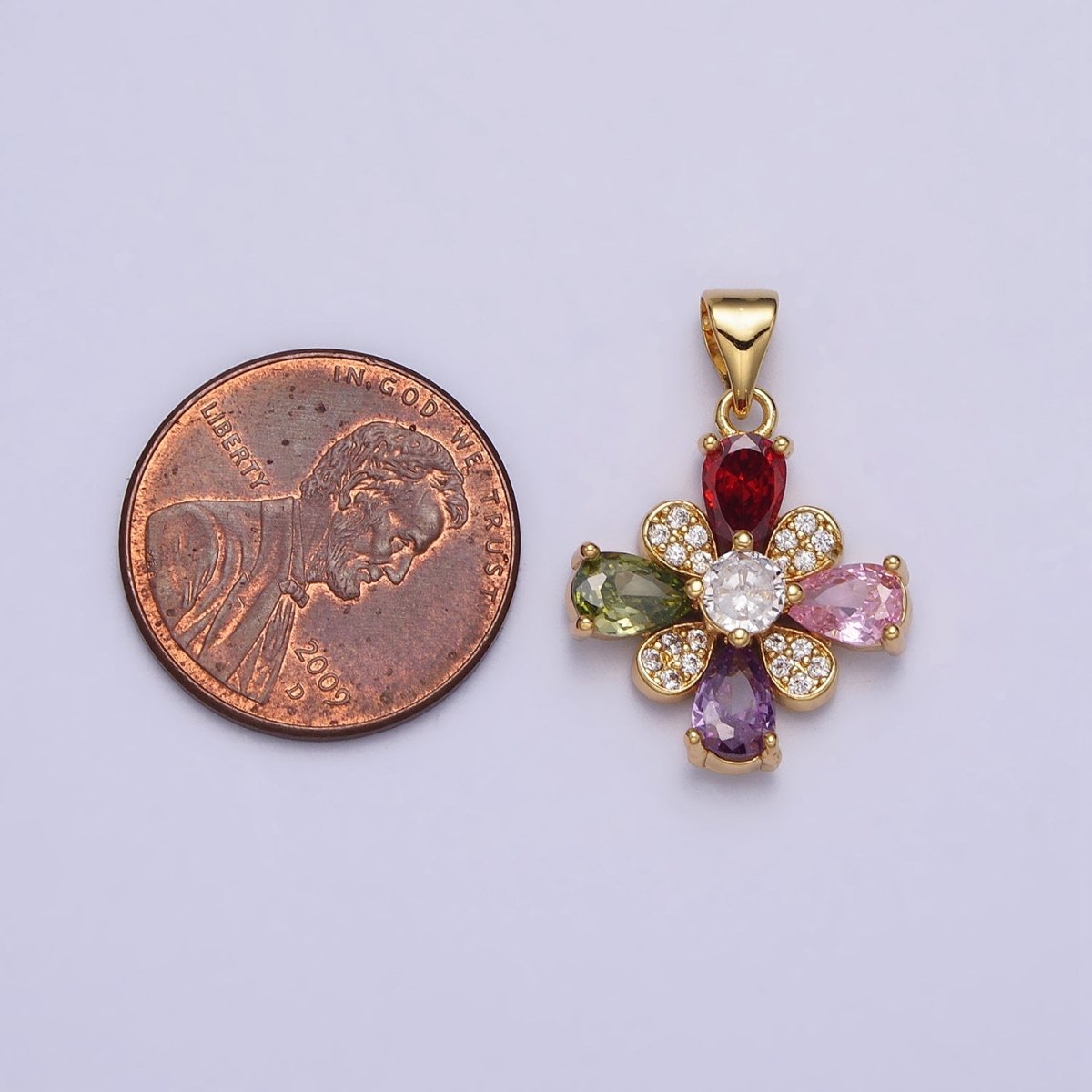 Gold Flower Multicolor Teardrop Micro Paved CZ Pendant | AA397