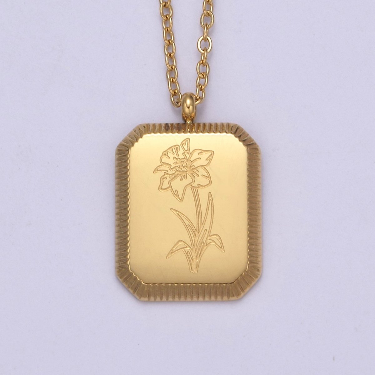 Gold Flower Tag Charm Engraved Floral Pendant Necklace with Cable Chain Necklace Wholesale Fashion Jewelry | WA-649 to WA-660 Clearance Pricing
