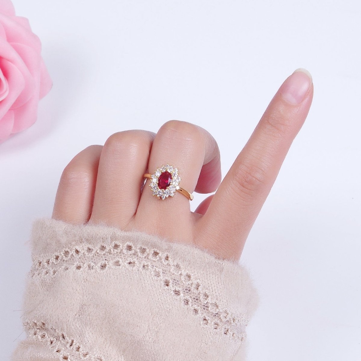 Gold Fuchsia Cubic Zirconia Flower Celestial Star Adjustable Ring S-246