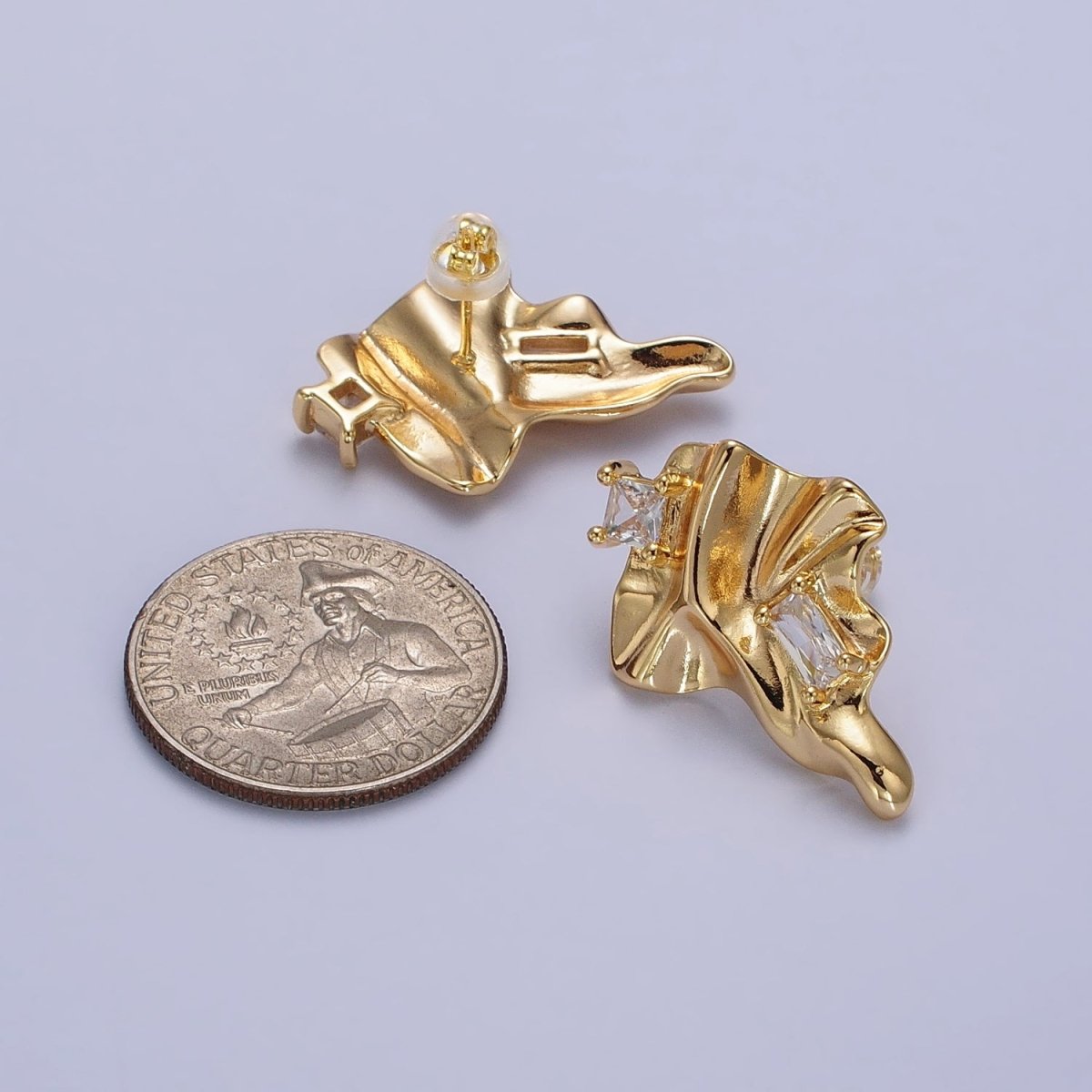 Gold Geometric Abstract Foil Clear CZ Square Baguette Stud Earrings | AB133